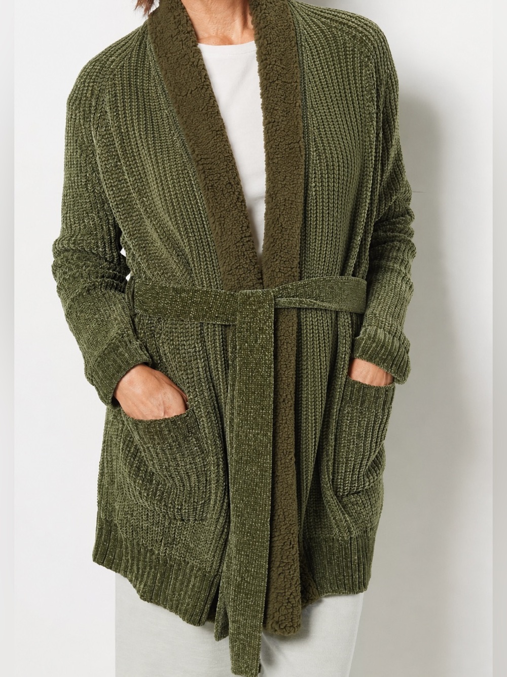Ugg’s Koolaburra Cozy Olive Green Chenille and Faux Fur Cardigan